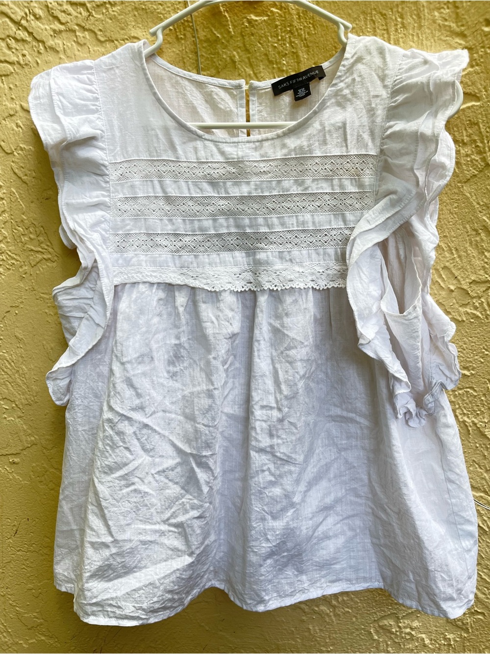 Saks Fifth Avenue White Ruffle Sleeve Lace Front Cotton Blouse